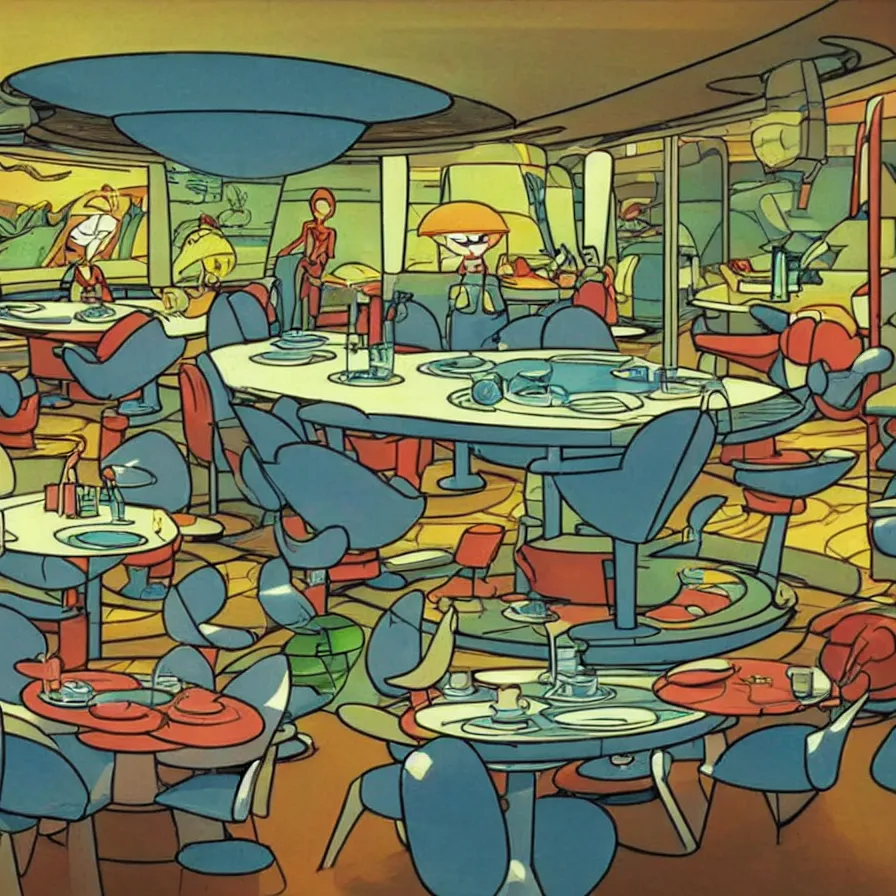 Image similar to concept art of jetsons cartoon indoor big dinning room, painted by tim white