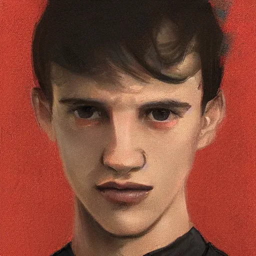 Image similar to Portrait of a man by Greg Rutkowski, he is about 20 years old, british features, straight jaw, attractive, short brown hair with bangs, athletic and strong, gallant, childhood friend vibes, he is wearing red and black utilitarian jumpsuit, highly detailed portrait, digital painting, artstation, concept art, smooth, sharp foccus ilustration, Artstation HQ.