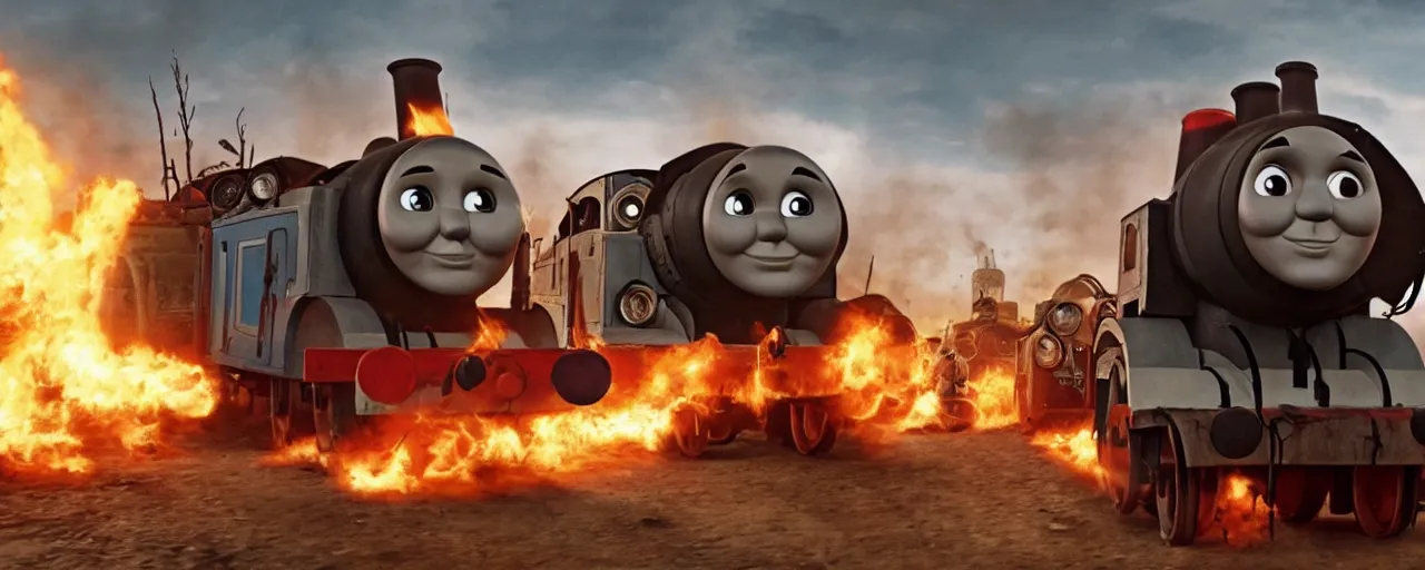 Image similar to Thomas the Tank Engine in the fiery Wasteland of MAD MAX: FURY ROAD