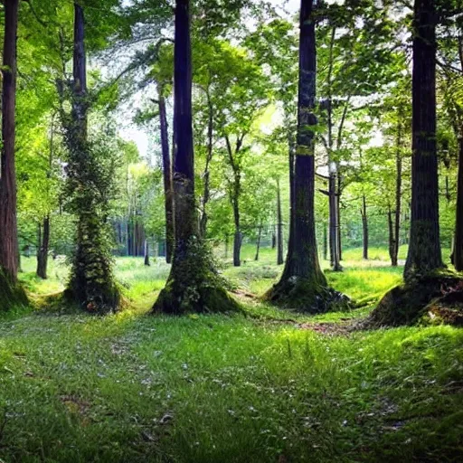 Image similar to A beautiful forest with doors leading into another dimension