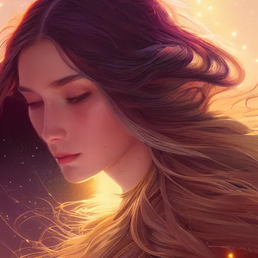 Image similar to girl with super long hair, hair becoming bright stars, intricate, highly detailed, digital painting, artstation, concept art, smooth, sharp focus, illustration, unreal engine 5, 8 k, art by artgerm and greg rutkowski and alphonse mucha