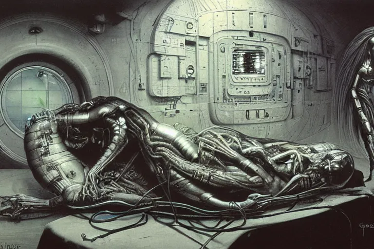 Image similar to the birth of the cyborg sleeping chambre / artificial womb by hr giger. hedonic imperative expressed as a pan - species techno - utopia imagined by jim burns and james gurney, wayne barlowe,. masterpiece scifi artwork, retro, trending on artstation, 8 k