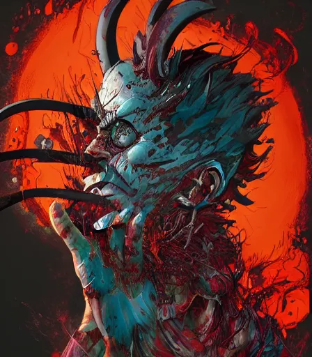 Prompt: Tim Burtons style Demon Slayer by Alex Pardee and Nekro and Petros Afshar, and James McDermott,unstirred paint, vivid color, cgsociety 4K