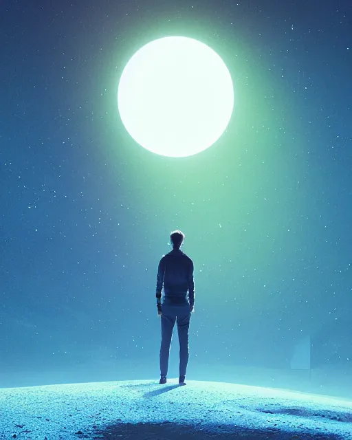 Prompt: a person standing in front of a glowy open door that's on a barren moon, poster art by mike winkelmann, trending on cg society, space art, sci - fi, ue 5, futuristic, volumetric lighting