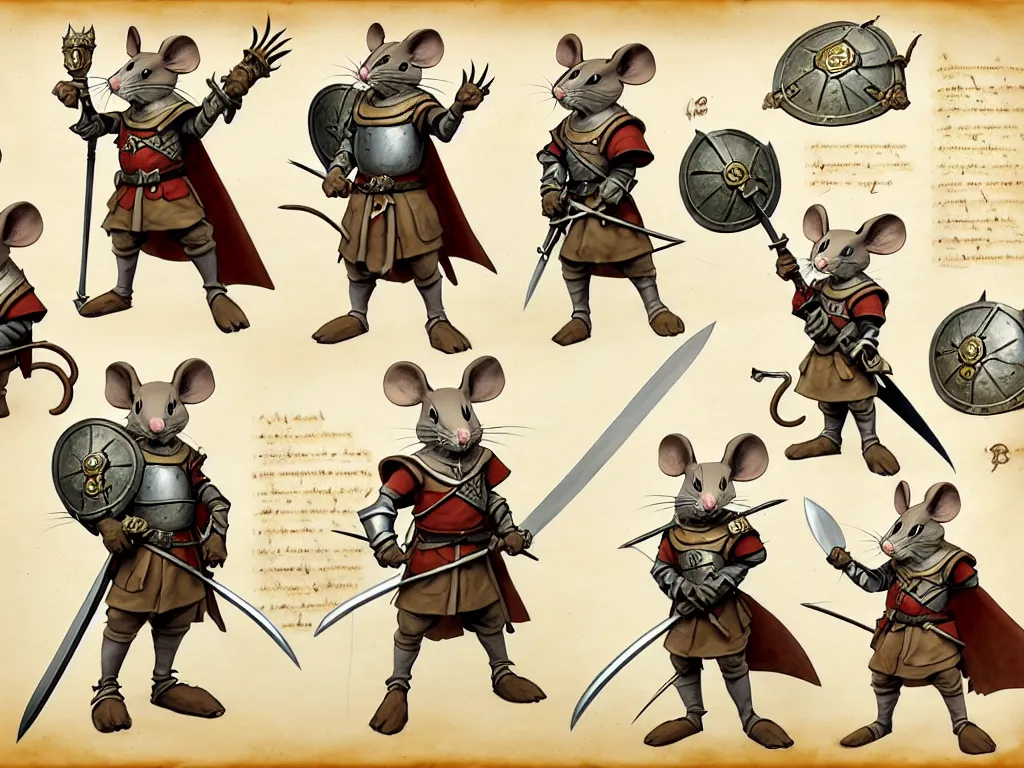 Image similar to character design sheet for a heroic mouse knight with sword and shield on a parchment background, redwall, greg rutowski and jean baptiste monge, very very detailed, epic fantasy concept art