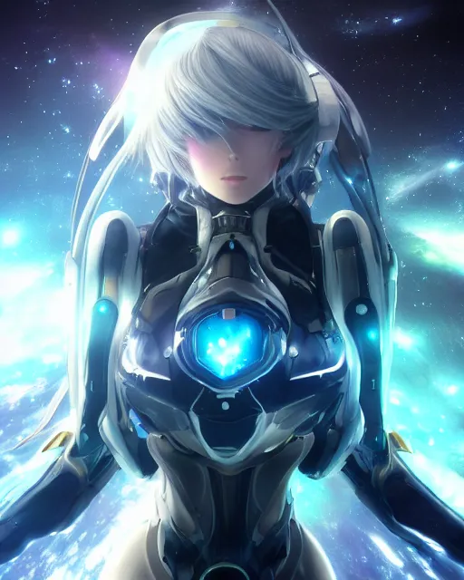 Prompt: photo of anime girl on a mothership, warframe armor, beautiful face, scifi, nebula, futuristic background, galaxy, raytracing, dreamy, focused, sparks of light, pure, long white hair, blue cyborg eyes, glowing, 8 k high definition, insanely detailed, intricate, innocent, art by akihiko yoshida, li zixin, woo kim