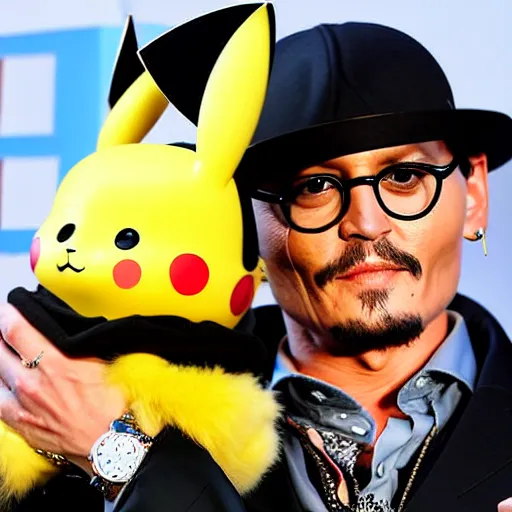 Prompt: johnny depp holding a baby pikachu