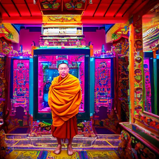 Image similar to portrait of a tibetan monk with facial cybernetic enhancements praying to a futuristic screen altar inside a tibetan temple, photography