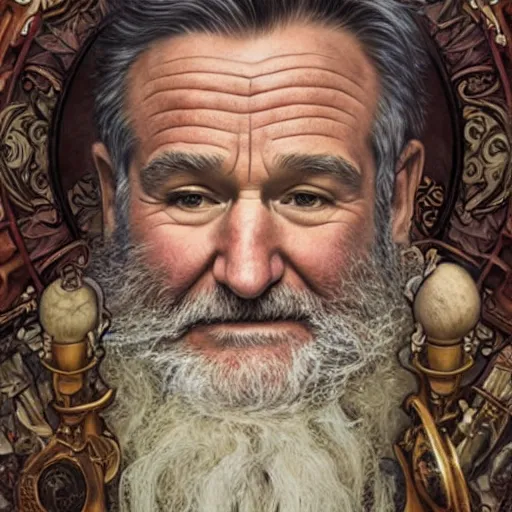 Image similar to an ultradetailed portrait of robin williams dressed as sheogorath, the elder scrolls, fantasy, intricate, elegant, highly detailed, digital painting, matte, sharp focus, illustration, art by john collier and albert aublet and krenz cushart and artem demura and alphonse mucha