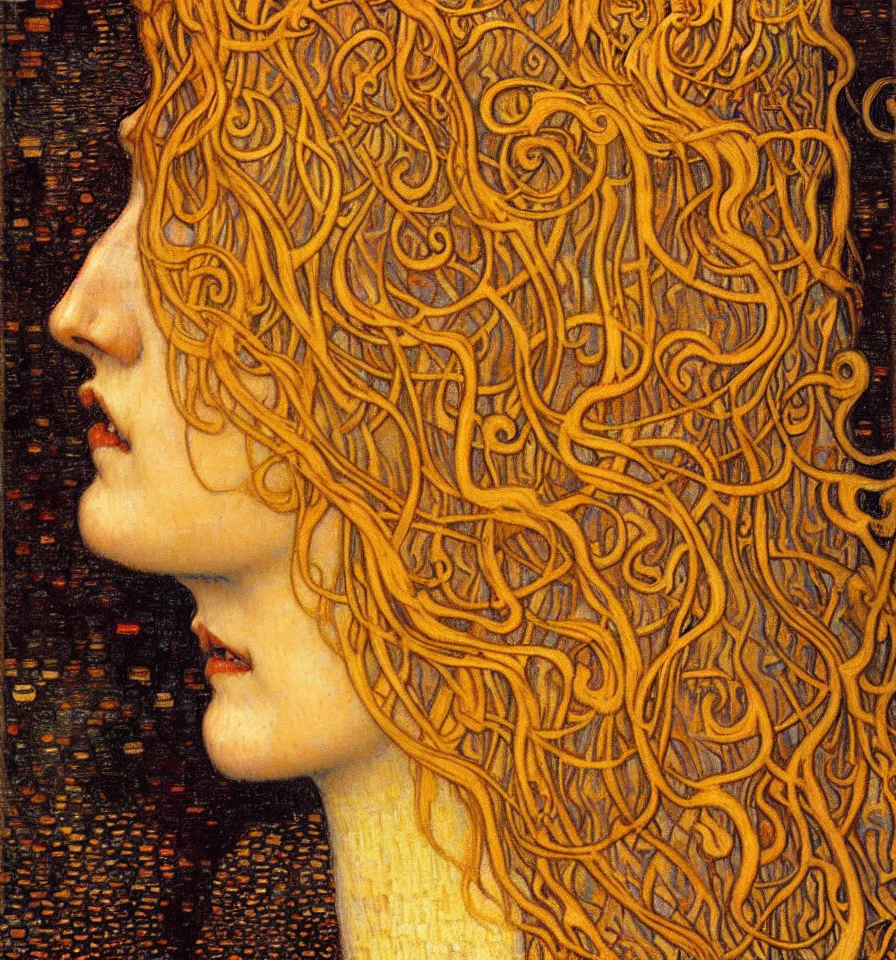 Image similar to detailed realistic beautiful young medieval queen face portrait by jean delville, gustav klimt and vincent van gogh, art nouveau, symbolist, visionary, gothic, pre - raphaelite, muted earthy colors, desaturated