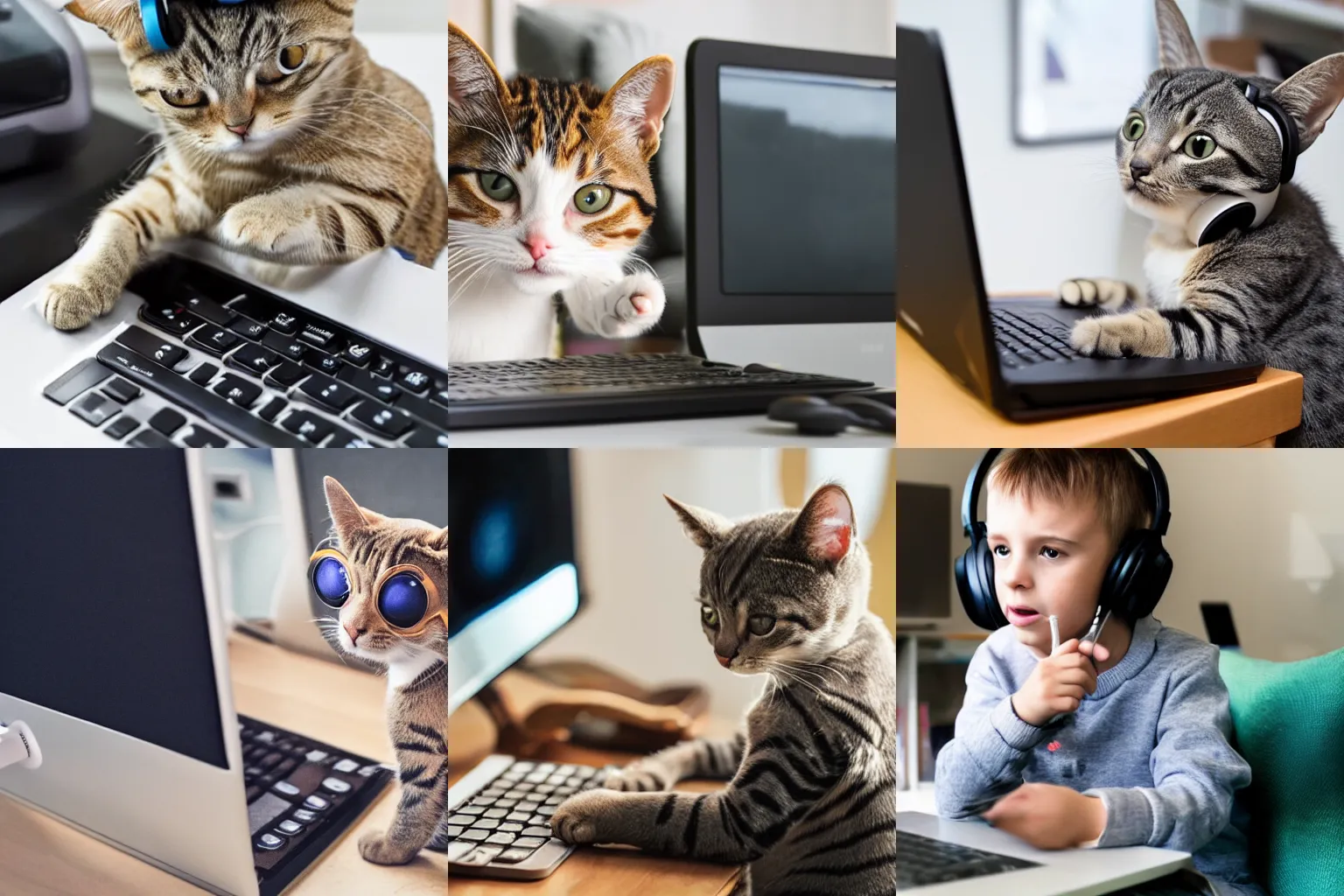 Prompt: a little cat with headphones playing the computer with his online friends