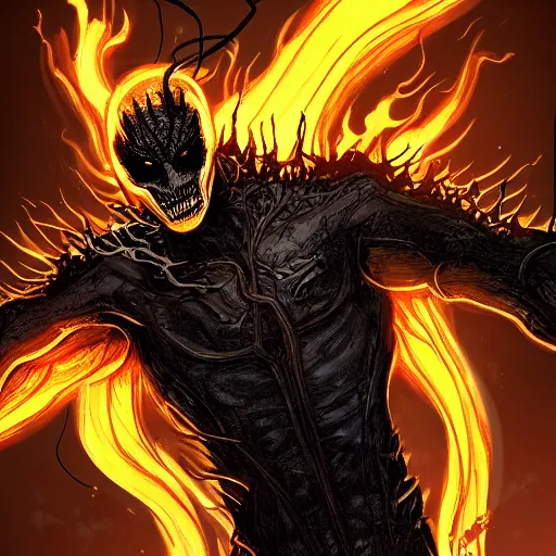 Image similar to ghost rider symbiote, comic strip style, dynamic lighting, fantasy concept art, trending on art station, stunning visuals, creative, cinematic, portrait, ultra detailed