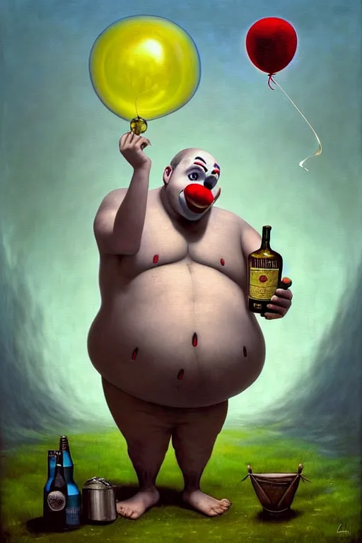 Prompt: Gediminas_Pranckevicius a dramatic, epic, ethereal painting of a handsome thicc mischievous shirtless clown with a beer belly wearing a large belt and bandana offering a balloon animal | he is relaxing by a campfire | background is a late night with food and jugs of whisky | stars, tarot card, art deco, art nouveau, mosaic, intricate | by Mark Maggiori | trending on artstation