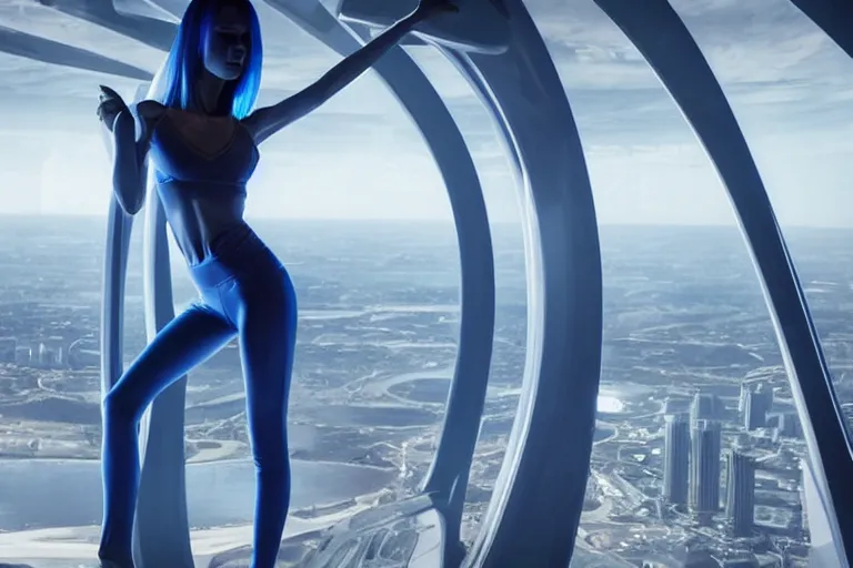 Image similar to vfx movie scene closeup portrait of beautiful blue skin fit alien woman dancing in in yoga pants in sleek futuristic decadent spaceship pillars, alien antenna, futuristic ballroom. big eyes, giant windows view of earth obit. by emmanuel lubezki