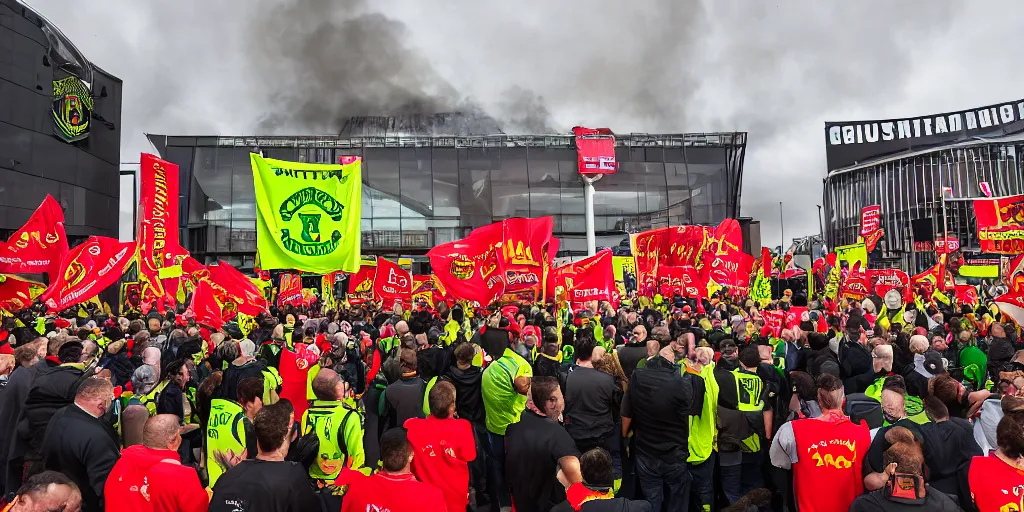 Image similar to # glazersout protests outside old trafford theatre of dreams against the glazers, # glazersout, chaos, protest, banners, placards, burning, pure evil, 8 k, wide angle lens, 1 6 - 3 5 mm, symmetry, cinematic lighting