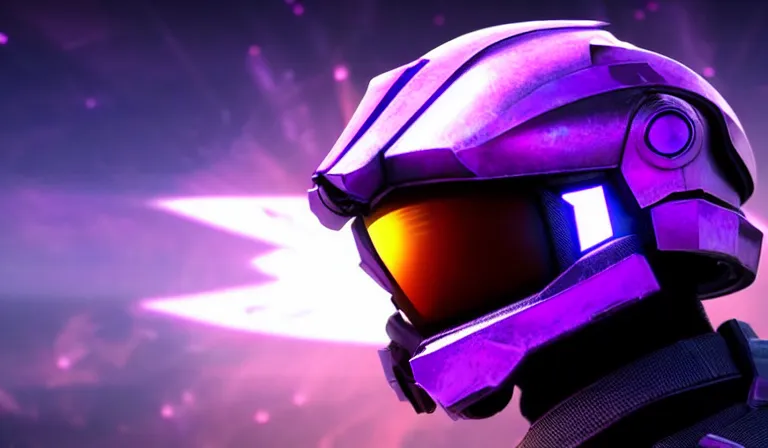 Image similar to cyberpunk halo helmet purple star visor floating in space with reflections, epic, dramatic, photorealistic, award winning, 8k,