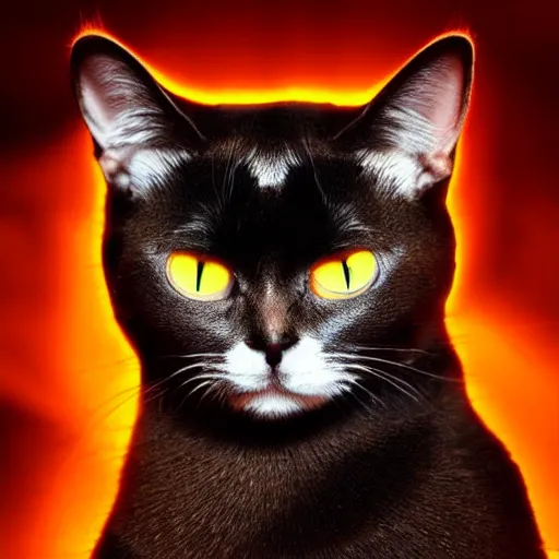Prompt: a cat, glowing inferno eyes,black background, hyper realistic