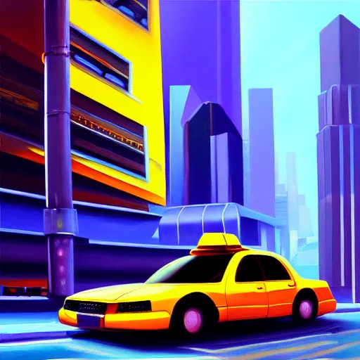 Prompt: flying futuristic taxis in cyberpunk city, oil painting