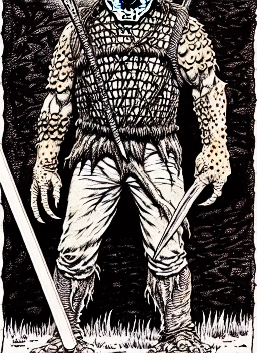 Image similar to jason voorhees as a D&D monster, full body, pen-and-ink illustration, etching, by Russ Nicholson, DAvid A Trampier, larry elmore, 1981, HQ scan, intricate details, Monster Manula, Fiend Folio