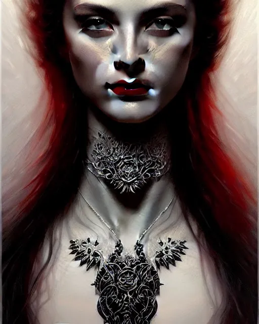 Prompt: portrait of a pretty goddess, graceful beauty, dominant shades of black, silver, dark red, white, sharp focus, beautiful ornamental aesthetics, intricate, elegant, highly detailed, hyperrealistiic painting, artstation, concept art, painterly, soft illumination, illustration, art by karol bak