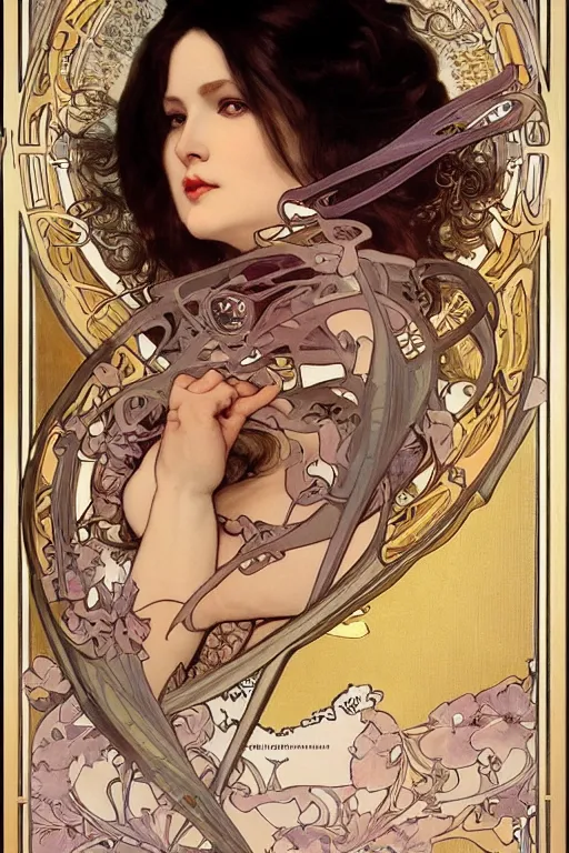 Prompt: portrait of sexy mature big chubby beautiful woman wearing sunglasses and surgical facemask by Alphonse Mucha, Ayami Kojima, Amano, Charlie Bowater, Karol Bak, Greg Hildebrandt, Jean Delville and Mark Brooks, Art Nouveau, Neo-Gothic, gothic, deep rich colors