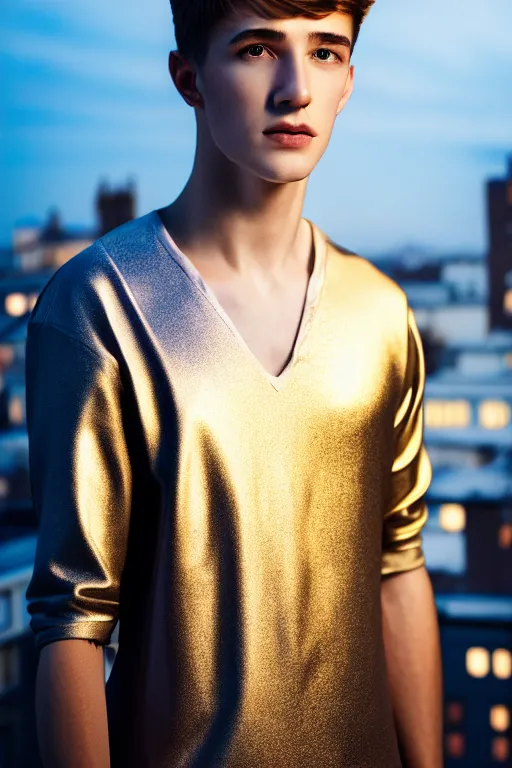 Image similar to un ultra high definition studio quality photographic art portrait of a young man standing on the rooftop of a british apartment building wearing soft padded silver pearlescent clothing. three point light. extremely detailed. golden ratio, ray tracing, volumetric light, shallow depth of field. set dressed.