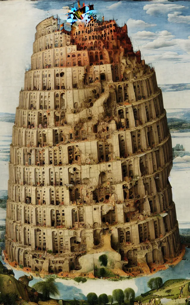 Prompt: a cutaway view of the tower of babel by pieter breugel the elder