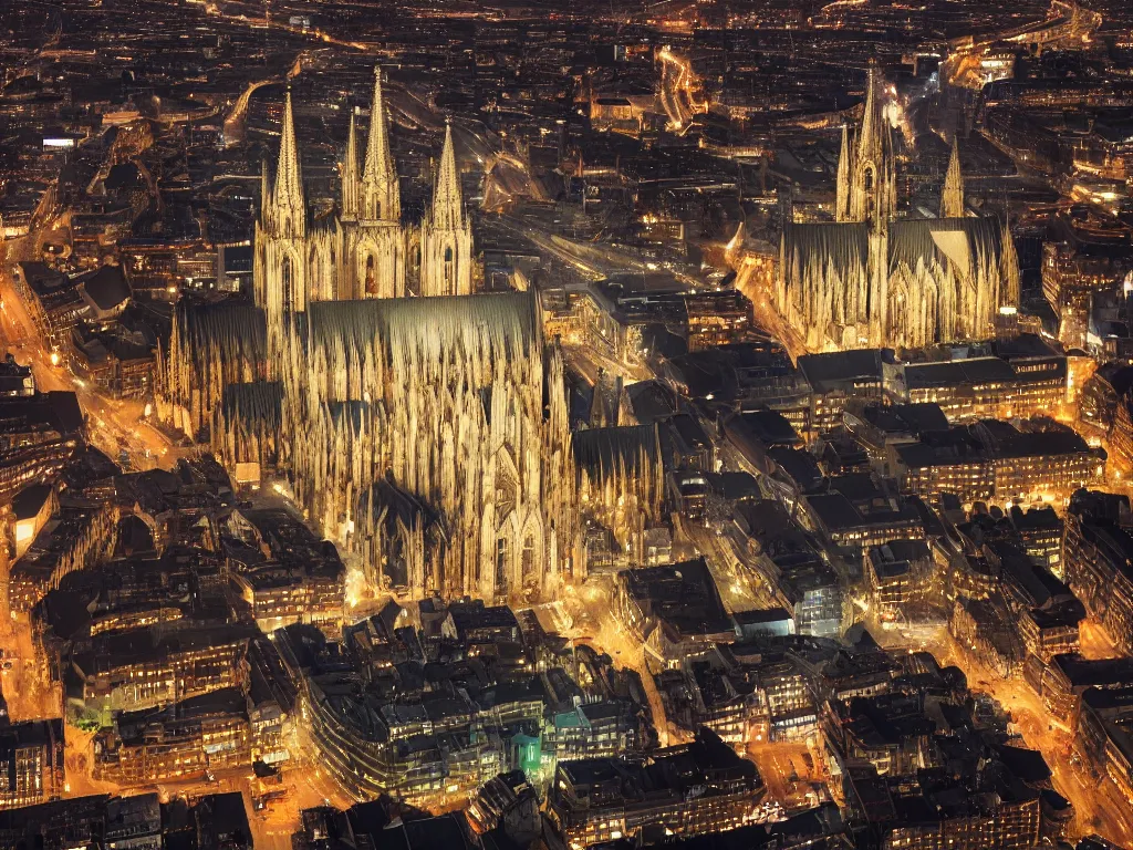 Image similar to cologne cathedral sourrounded by city, birds eye view, night, landscape, sky, volumetric lighting, 8 k octane beautifully detailed render, post - processing, extremely hyper - detailed, intricate, epic composition, intricate, trending on artstation, stunning art by frazetta, wonderful masterpiece by karine villette