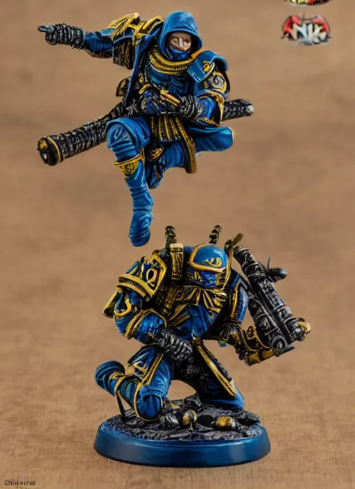 Image similar to 8 0 mm resin detailed miniature of a warhammer 4 0 k ninja warrior doing a spin move, product introduction photos, 4 k, full body,