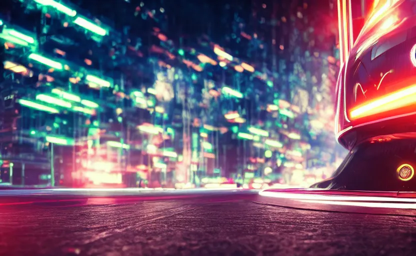 Prompt: macro view of a giant of 1 km of hight walking on the small city, tron, close up bokeh hiperrealistic neon glow darkness dramatic neon f - zero ships, sharp focus, octane render, imax