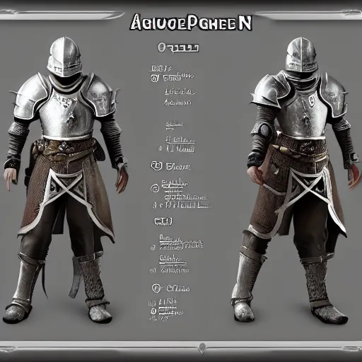 Image similar to RPG game character sheet for a character that looks like a knight, wearing armor, HDR, 4k, 8k, extremely detailed, final fantasy style