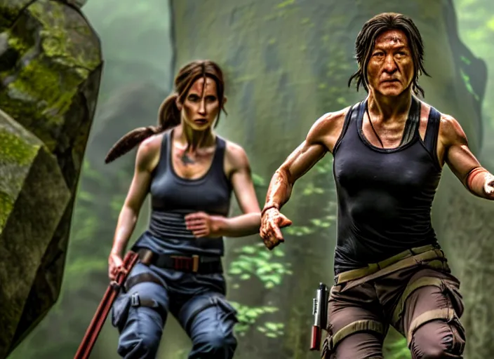 Image similar to film still of!!!! jackie chan jackie chan jackie chan!!! as lara croft in new tomb raider movie, 8 k