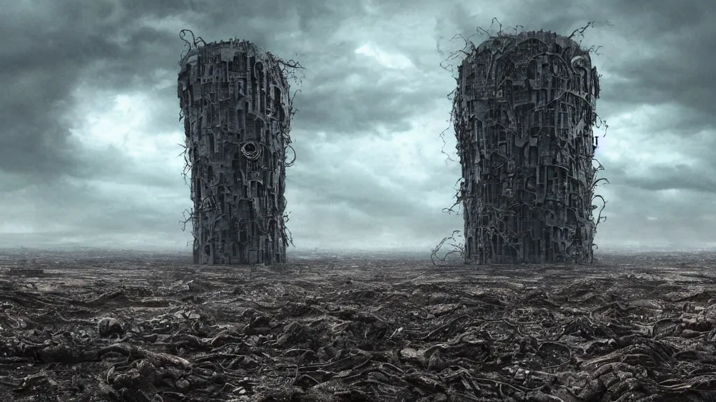 giant evil bio-organic fleshy complex machine tower