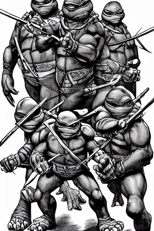 Image similar to jodeci as the teenage mutant ninja turtles, full body, pen an ink, comic books style, very detailed, by eric talbot, artstation, pinterest