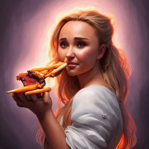 Image similar to Hayden Panettiere Eating BBQ Ribs, dripping BBQ Sauce, D&D, fantasy, intricate, elegant, highly detailed, digital painting, artstation, concept art, matte, sharp focus, illustration, hearthstone, art by Artgerm and Greg Rutkowski and Alphonse Mucha