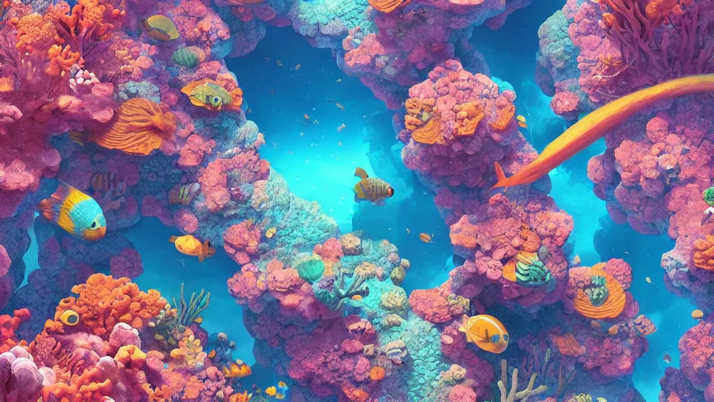 Image similar to ancient alien planet covered in colorful coral reefs and fish swimming around them, by sylvain sarrailh, rossdraws, ambient light, ultra detailed, fantasy artwork, 8 k, volumetric lighting, trending on artstation, award winning, beautiful scenery, very beautiful.