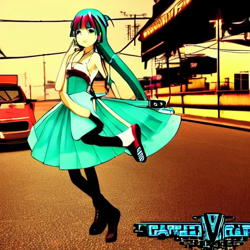 Image similar to hatsune miku v 4 in the style of gta loading screens