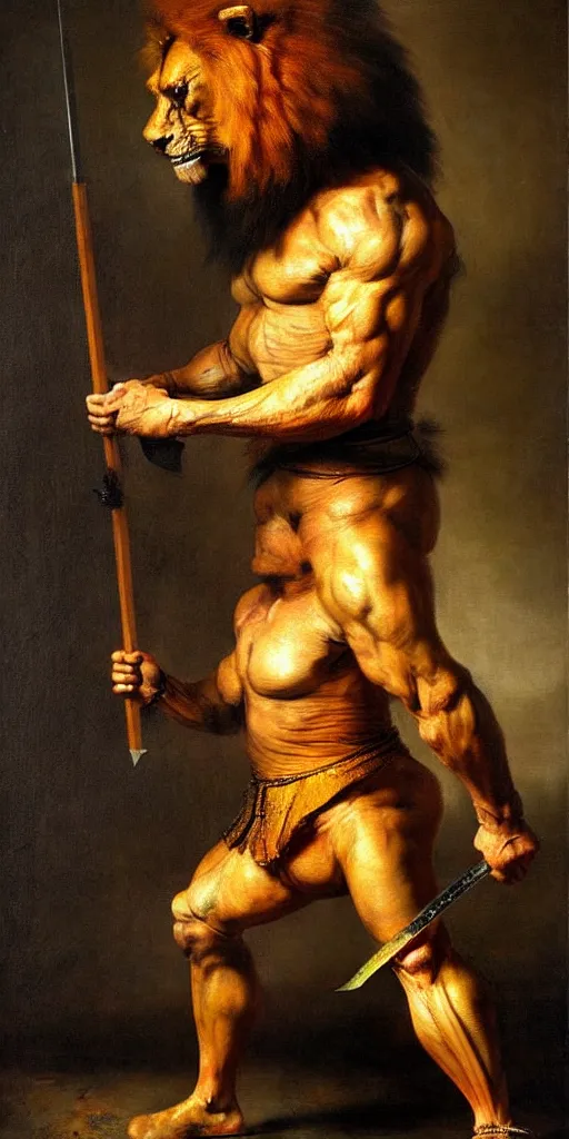 Prompt: muscular lion as barbarian hunter full body human legs , battle stance, very textured detailed oil painting by rembrandt