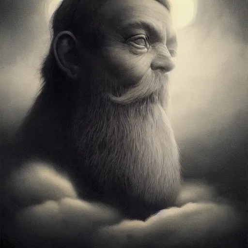 Image similar to By Tom Bagshaw, ultra realist soft painting of gloomy universe by night, Dwarf smile beard, symmetry accurate features, very intricate details, ominous sky, black and white, volumetric light clouds