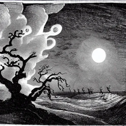 Prompt: The wind was a torrent of darkness among the gusty trees.    The moon was a ghostly galleon tossed upon cloudy seas.    The road was a ribbon of moonlight over the purple moor,    And the highwayman came riding—          Riding—riding— The highwayman came riding, up to the old inn-door.