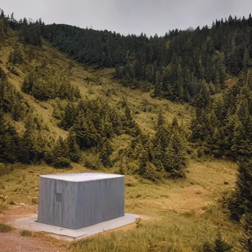 Prompt: sci fi nuclear containment buildings in a steep sided valley with trees, a sense of hope and optimism, birds overhead, stark light, day time, unsplash, national geographic, hd, high res