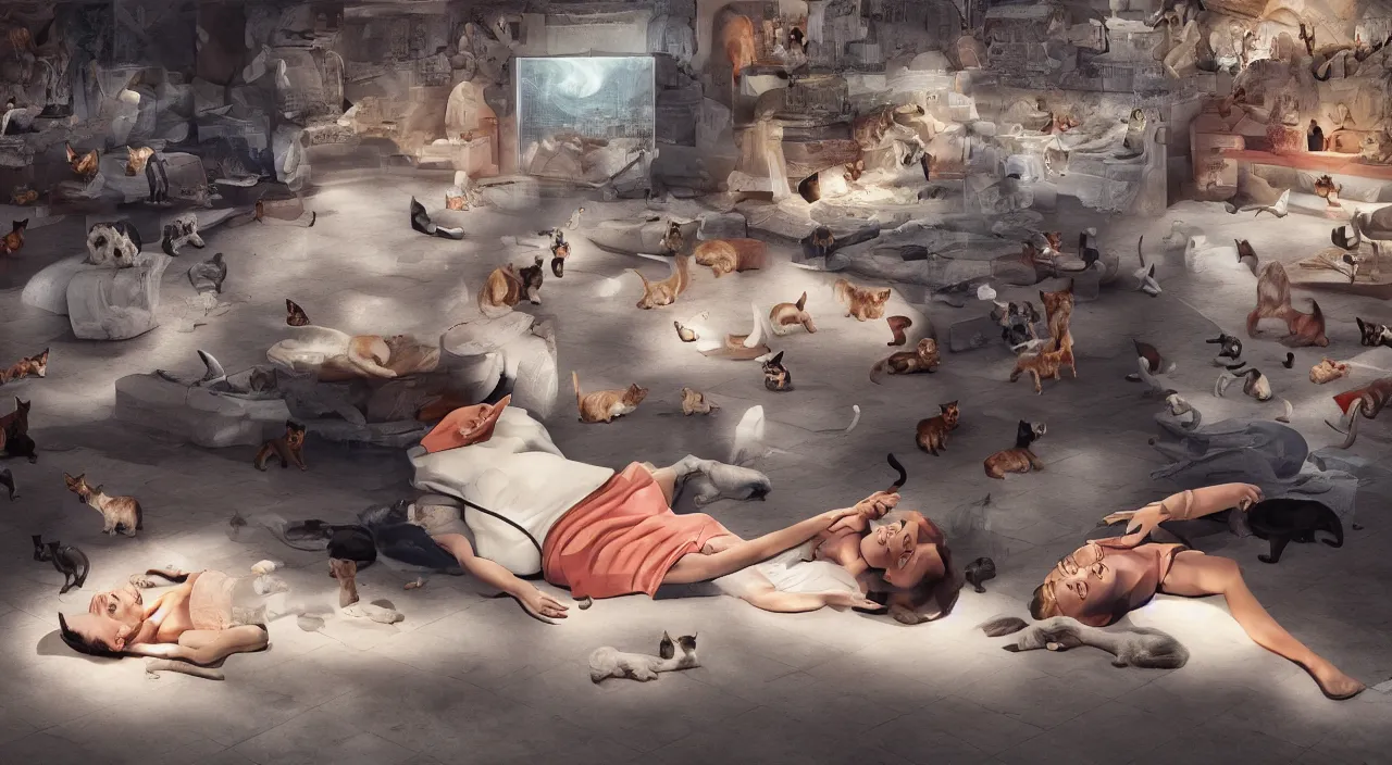 Prompt: a matte painting of old lady laying on a floor surrounded by cats by Frank Lloyd Wright and Zaha Hadid torch volume light stylized illustration digital airbrush painting, 3d rim light, hyperrealistic masterpiece, artstation, cgsociety, kodakchrome, golden ratio