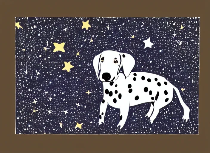 Image similar to portrait of a dalmatian piglet surrounded by stars. silkscreen painting on paper