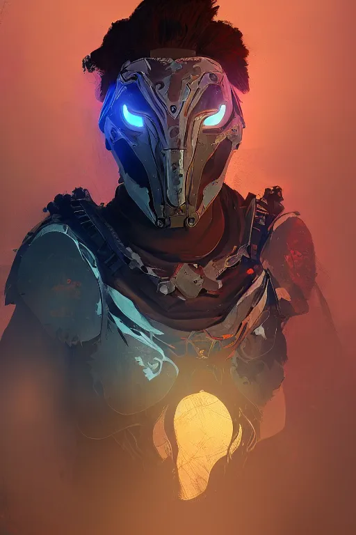 Image similar to combination suit armor aloy horizon forbidden west horizon zero dawn radiating a glowing aura global illumination ray tracing hdr fanart arstation by ian pesty and alena aenami artworks in 4 k tribal robot ninja mask helmet backpack