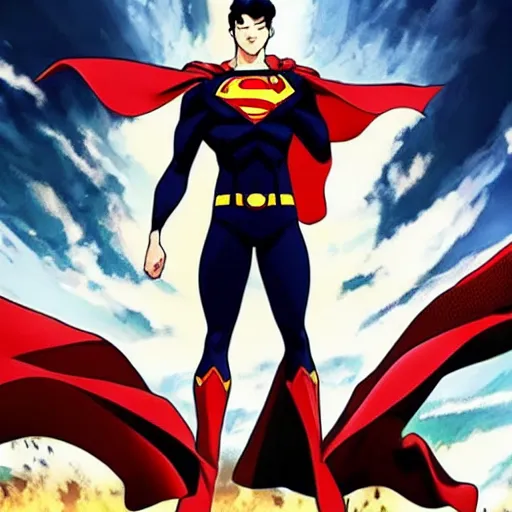 Image similar to Jon Kent superboy standing triumphantly. Dc comics. Superman Anime still. Makoto shinkai. Kuvshinov ilya.