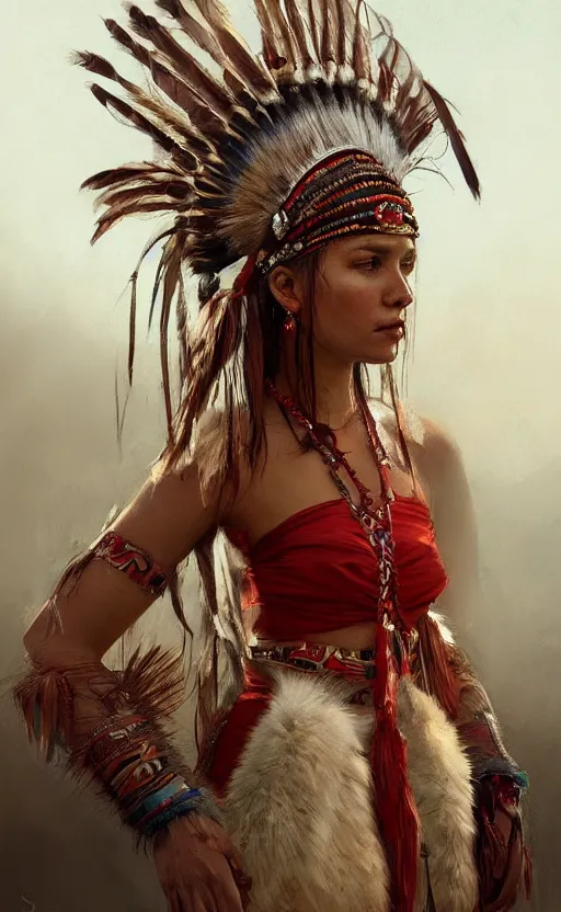 Image similar to gorgeous redskin woman wearing headdress, intricate, elegant, highly detailed, artstation, concept art, smooth, sharp focus, illustration, art by stefan kostic and greg rutkowski