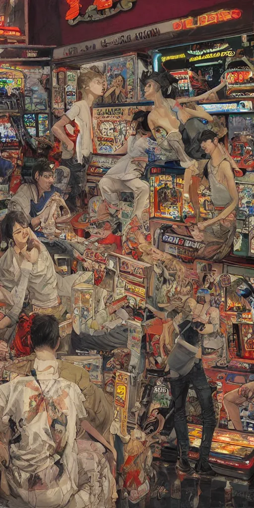 Image similar to oil painting scene from amusement arcade by kim jung gi