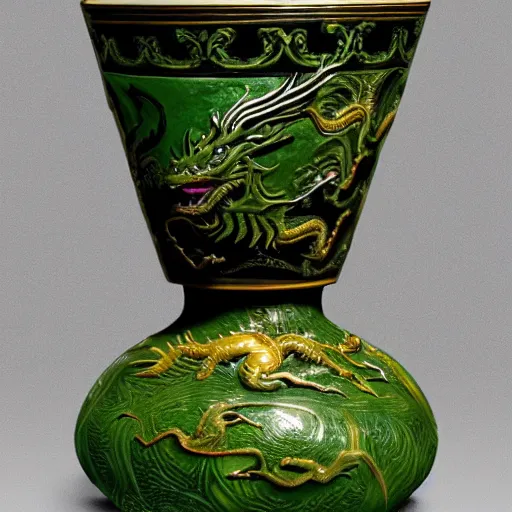 Prompt: vase in the shape of a dragon with green accents designed by leonardo da vinci