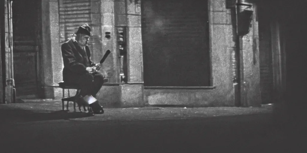 Image similar to detailed medium format photo, polaroid still from an old french movie, sleazy man watching night streets while smoking a cigarette, haze, high production value, intricate details, 8 k resolution, hyperrealistic, hdr, photorealistic, high definition, tehnicolor, award - winning photography, masterpiece, amazing colors