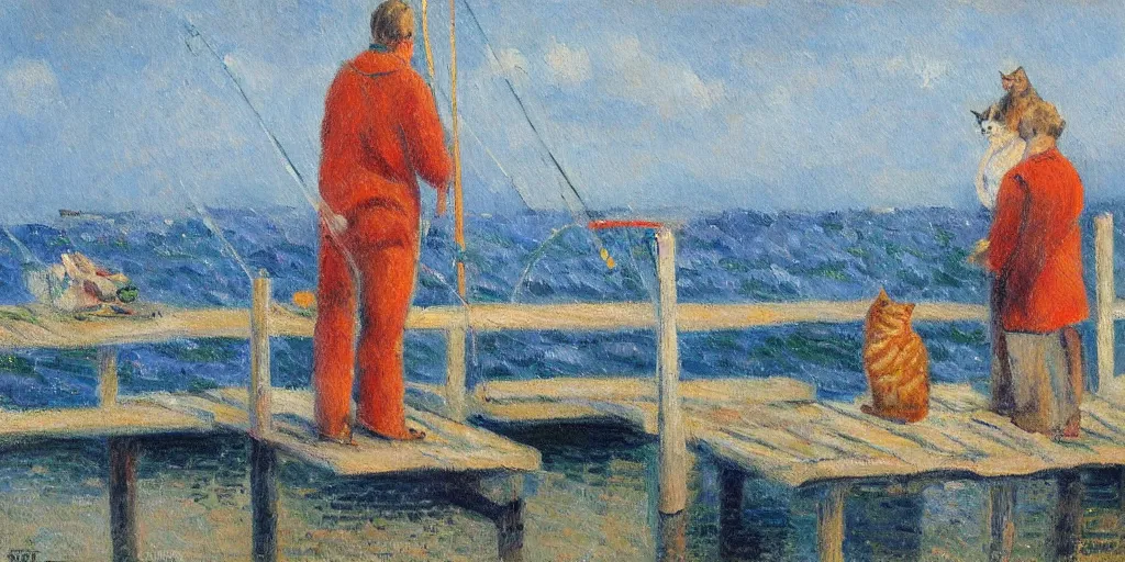 Image similar to cat sitting on the pier fishing, expressive oil painting by christopher radlund and camille pissaro